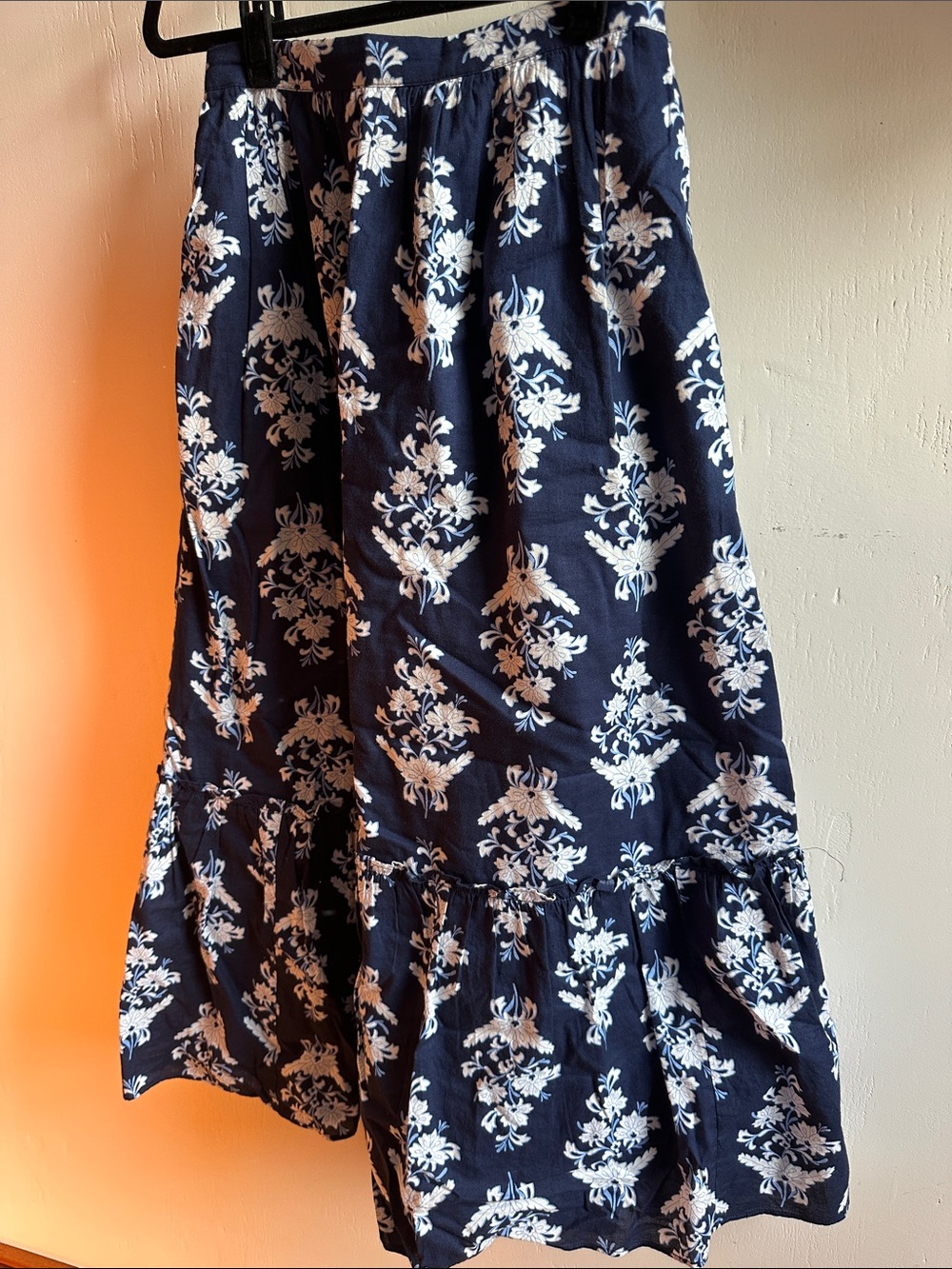 J Crew Navy Blue Floral Tiered Midi Skirt - Women's